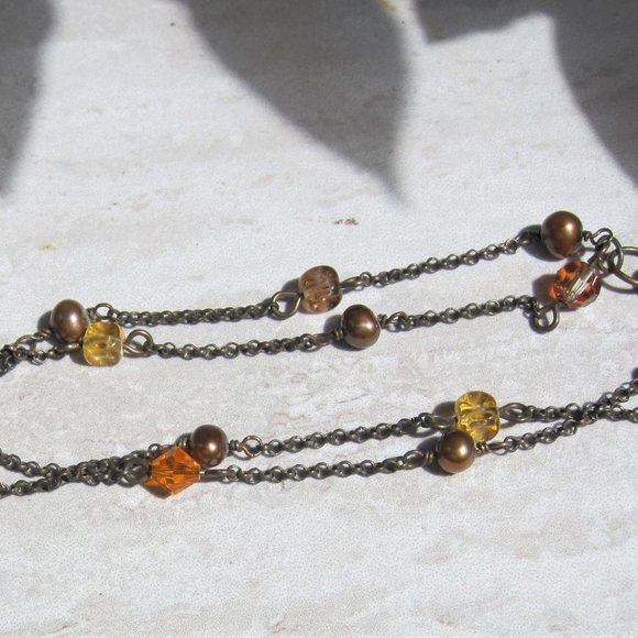 Fall Colors Ankle bracelet 2 strand brass chain w/pearls & crystals - Picture 2 of 3